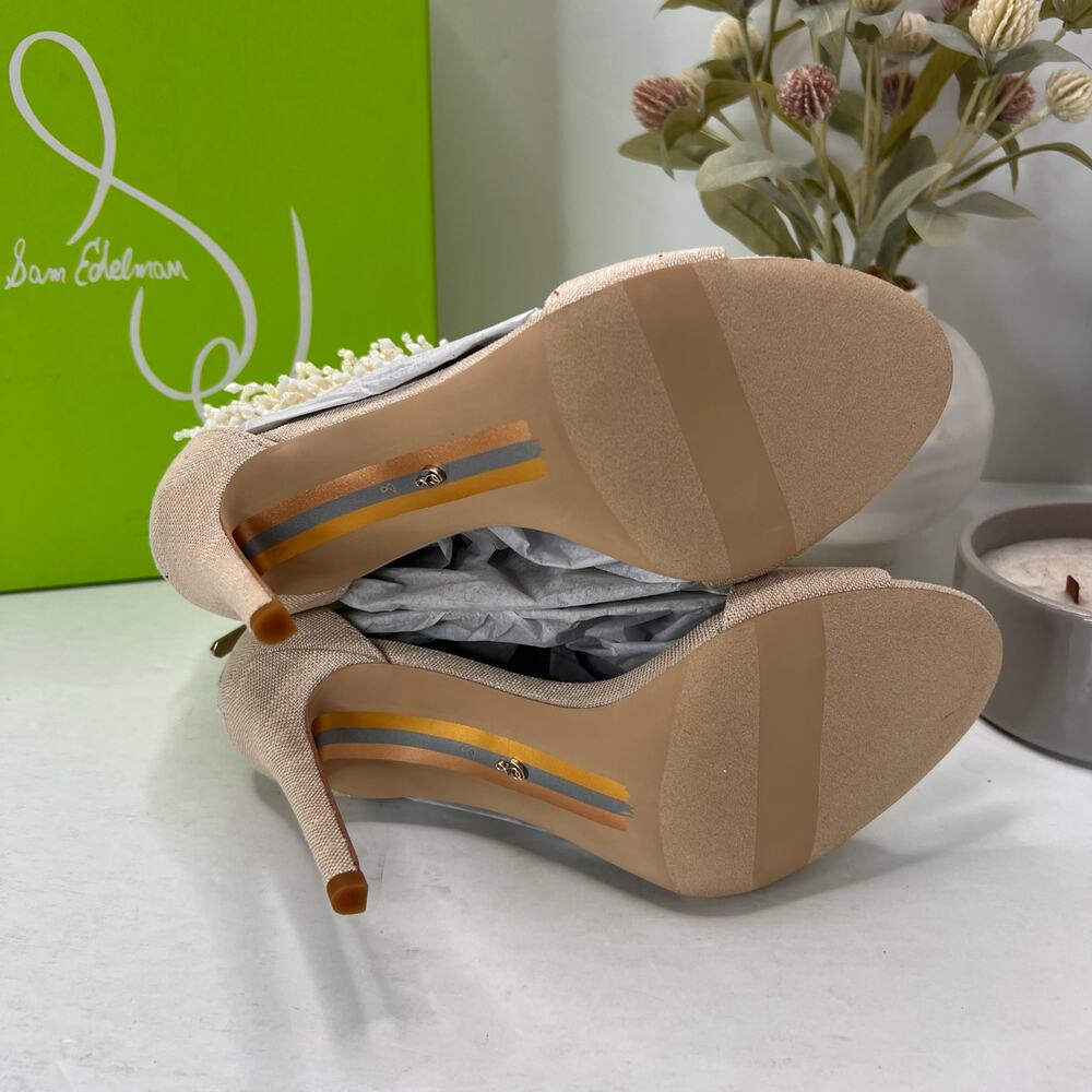 Sam Edelman Gillie Linen Beaded Shell Ankle Strap Heel Sand Heels Women 8M NWB - Picture 9 of 11